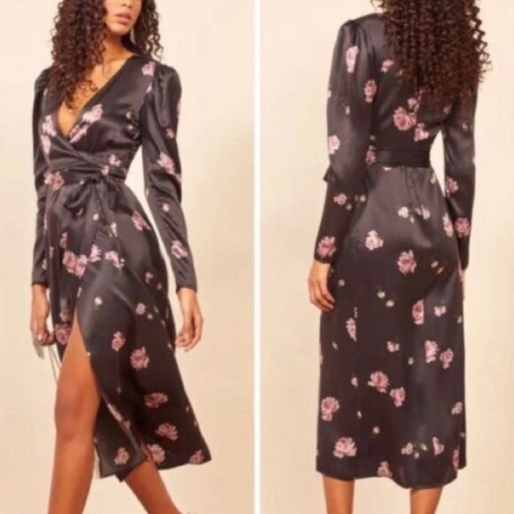 Reformation 100% Silk Toronto Black Pink Purple Floral Faux Wrap Midi Dress 4 - Picture 3 of 16
